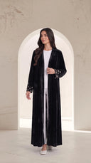 The Randa Black Pearl Embellished Cuff Abaya, in Black, model view