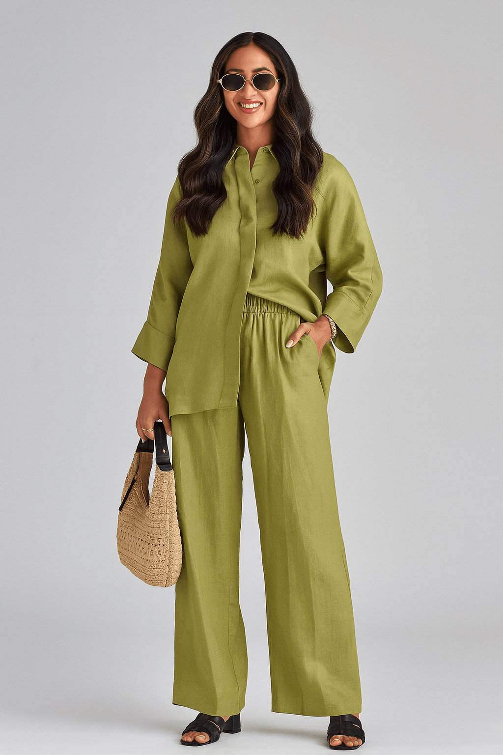 The Reem Green Luxe Linen Casual Set - TAL by The Abaya Lab