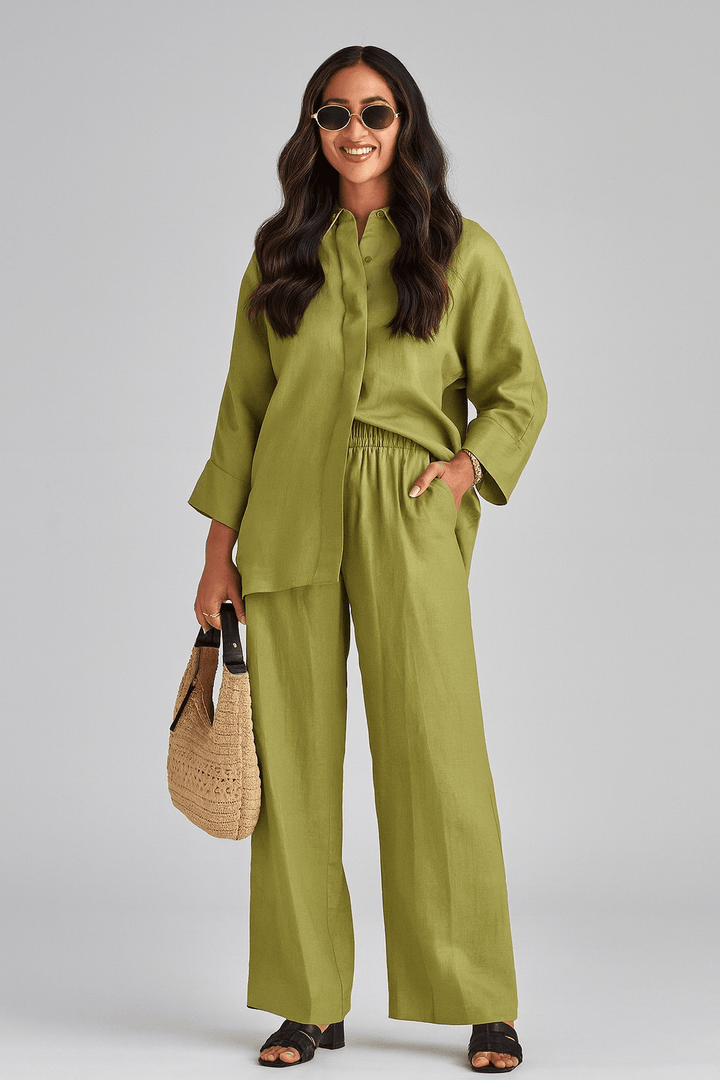 The Reem Green Luxe Linen Casual Set - TAL by The Abaya Lab