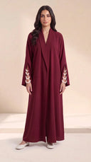 The Randa Beaded Slit Cuff Abaya, in Burgundy, front view