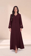 The Rimas Frog Button Front Abaya, in Burgundy, front view