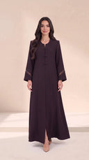 The Rimas Frog Button Front Abaya, in Dark Purple, front view