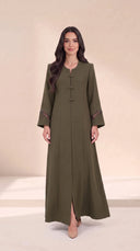 The Rimas Frog Button Front Abaya, in Green, front view