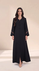 The Rimas Frog Button Front Abaya, in Black, front view
