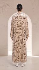 The Rula Beige Pleated Shoulder Open Abaya, in Beige, back view