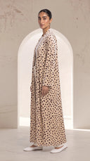 The Rula Beige Pleated Shoulder Open Abaya, in Beige, side view