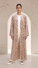 The Rula Beige Pleated Shoulder Open Abaya, in Beige, front view