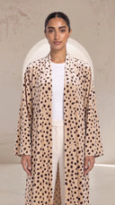 The Rula Beige Pleated Shoulder Open Abaya, in Beige, front view