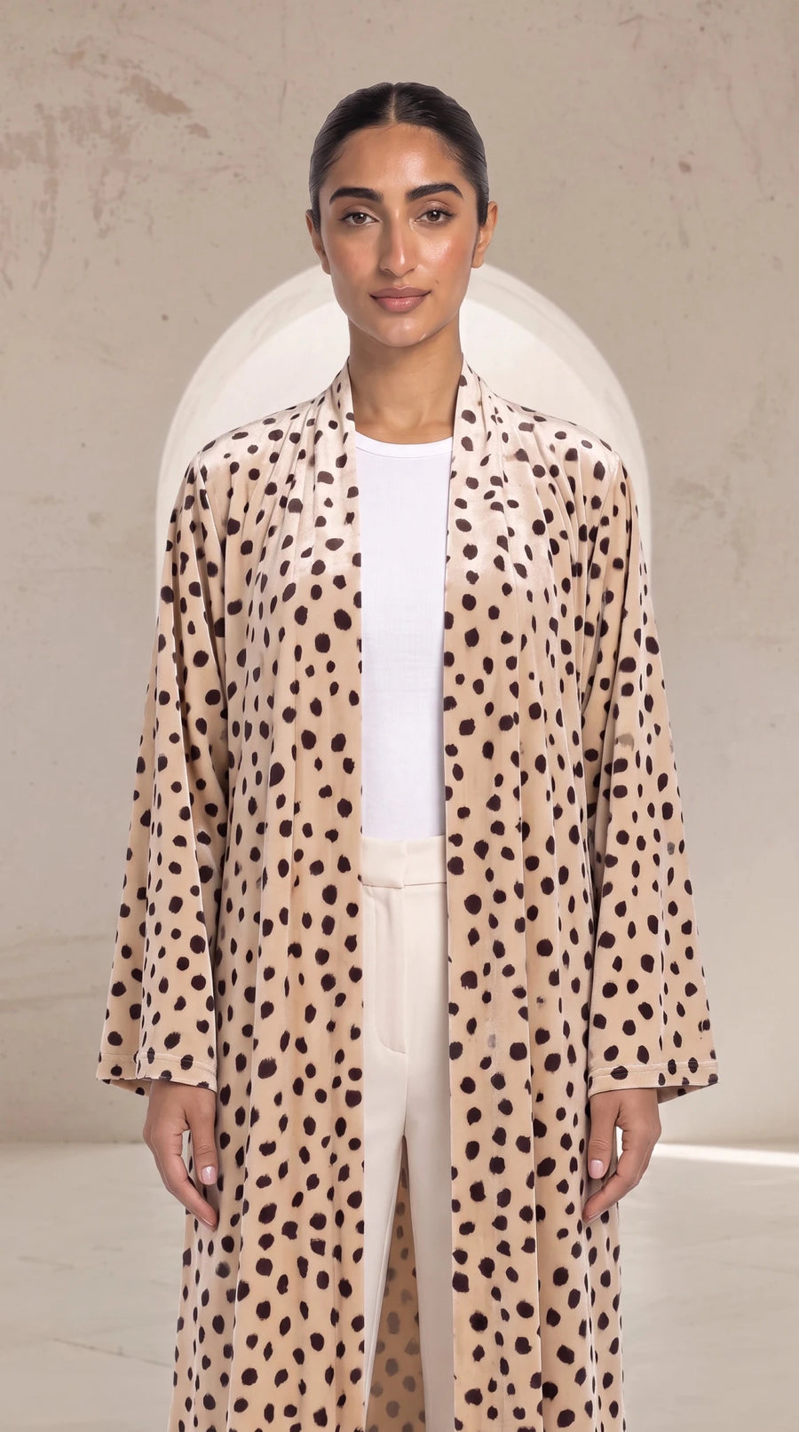 The Rula Beige Pleated Shoulder Open Abaya
