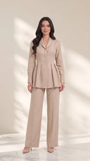 The Ruqaya Pleated Peplum Set, in Beige, front view