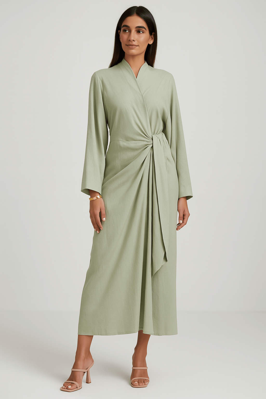 The Sabiha Soft Linen Wrap Dress – Mint Green - The Abaya Lab