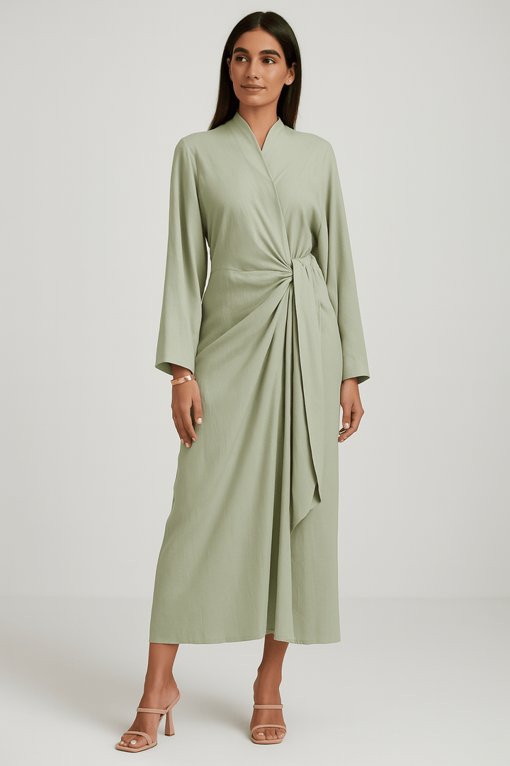 The Sabiha Soft Linen Wrap Dress – Mint Green - The Abaya Lab