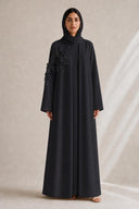 The Sabreen 3D Floral Shoulder Abaya, in Black, front view