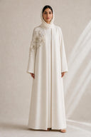 The Sabreen 3D Floral Shoulder Abaya, in Off White, front view