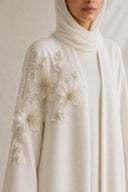 The Sabreen 3D Floral Shoulder Abaya, in Off White, detail view