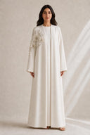 The Sabreen 3D Floral Shoulder Abaya, in Off White, front view