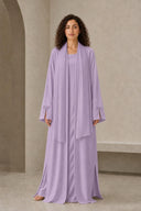 The Sakina Pearl Bow Cuff Abaya, in Light Purple, front view