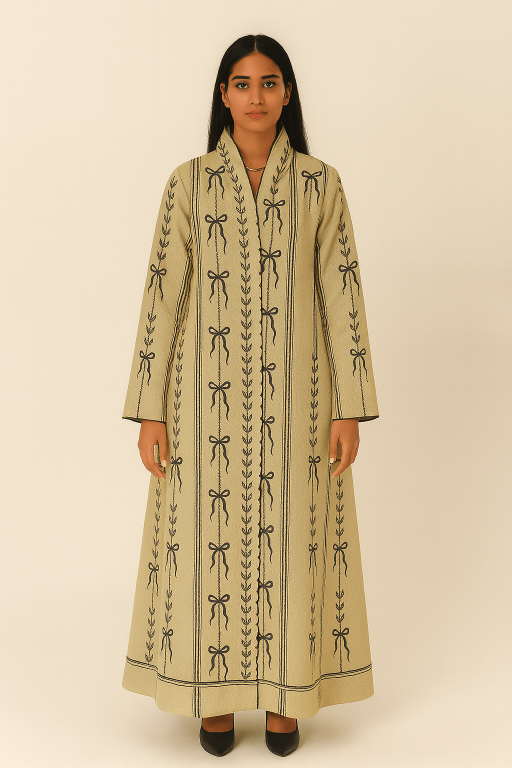 The Sara Bow Print Linen Blend Abaya - TAL by The Abaya Lab