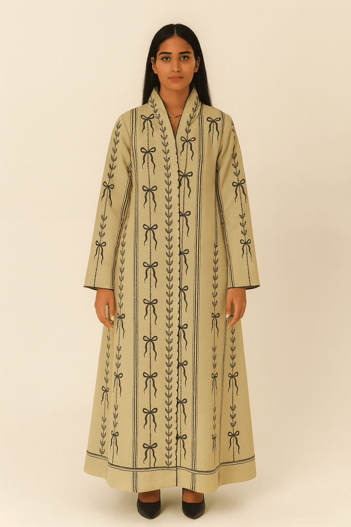The Sara Bow Print Linen Blend Abaya - TAL by The Abaya Lab