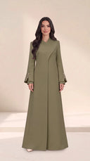 The Sawsan Curved Wrap Collar Abaya, in Green, front view