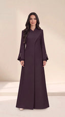 The Sawsan Curved Wrap Collar Abaya, in Dark Purple, front view