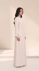The Sawsan Curved Wrap Collar Abaya, in Off White, side view