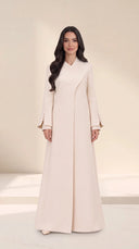 The Sawsan Curved Wrap Collar Abaya, in Off White, front view