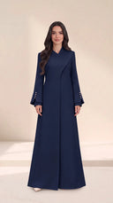 The Sawsan Curved Wrap Collar Abaya, in Navy, front view
