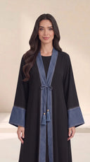 The Shahira Denim Contrast Trim Abaya with Tassel Tie - TAL by The Abaya Lab