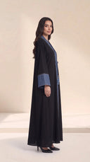 The Shahira Denim Contrast Trim Abaya with Tassel Tie - TAL by The Abaya Lab