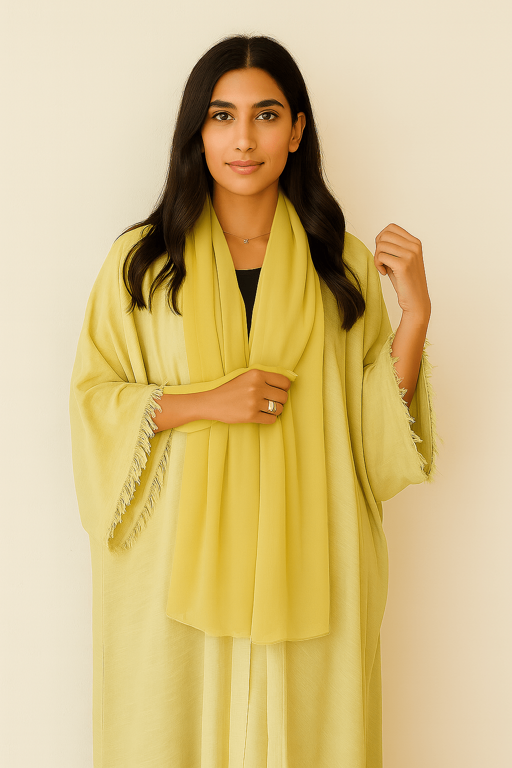 The Wafa Fringe Abaya Butter Cream Yellow - TAL by The Abaya Lab