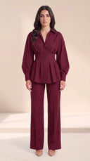 The Wiam Pleated Corset Waist Set, in Burgundy, front view
