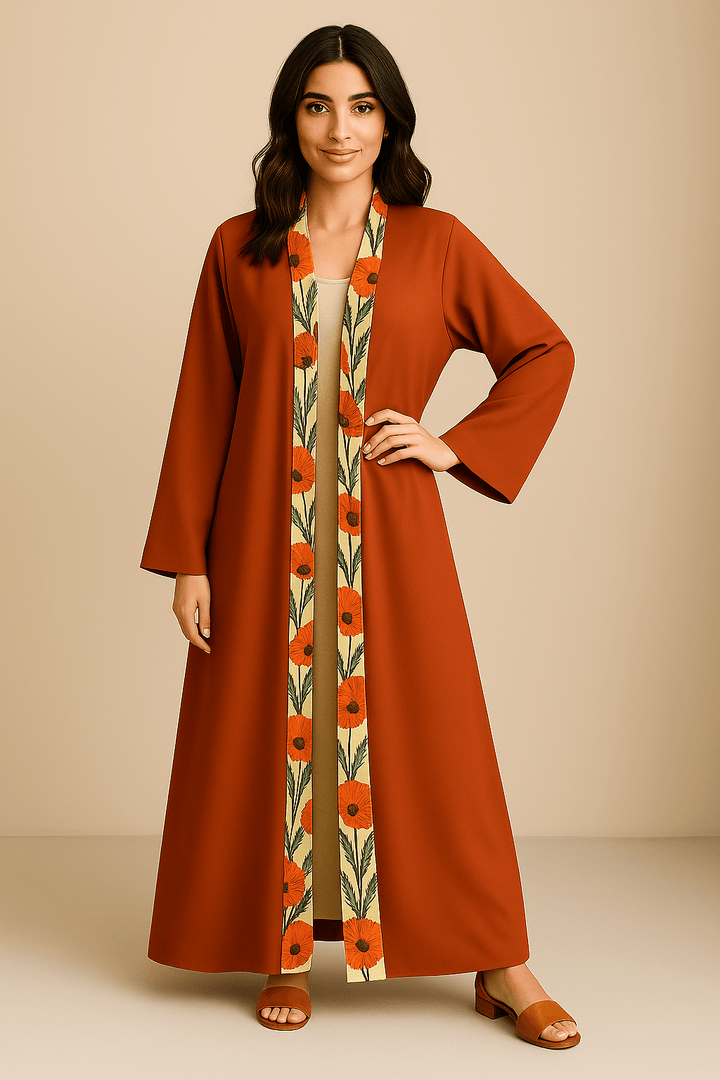 The Zahra Printed Inseam Abaya – Rust Bloom Edition - The Abaya Lab