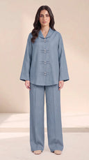 The Zakiya Pearl Frog Fastening Set, in Blue, front view