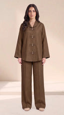 The Zakiya Pearl Frog Fastening Set, in Mocha Brown, front view
