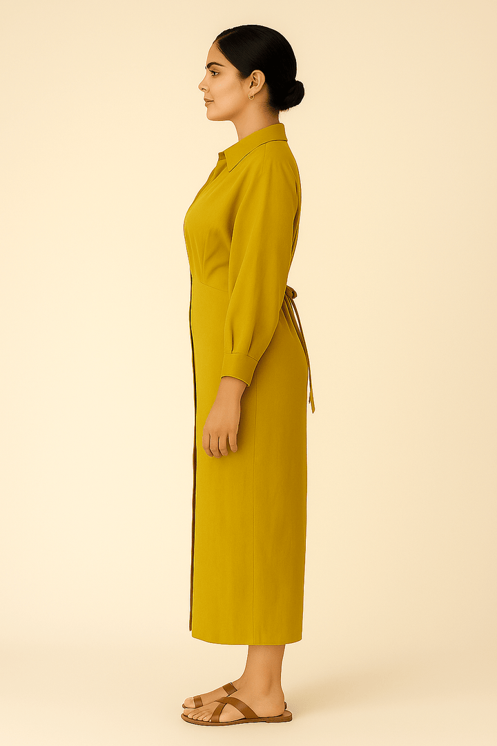 The Zaria Mustard Yellow Button - Down Modest Shirt Dress - The Abaya Lab