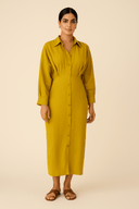 The Zaria Mustard Yellow Button - Down Modest Shirt Dress - The Abaya Lab
