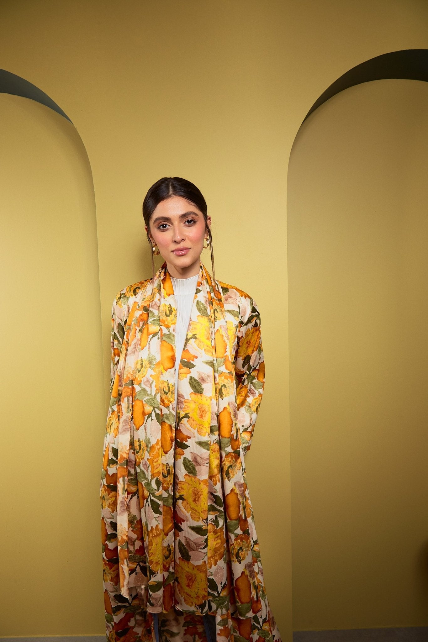 Yellow Floral Satin - The Abaya Lab